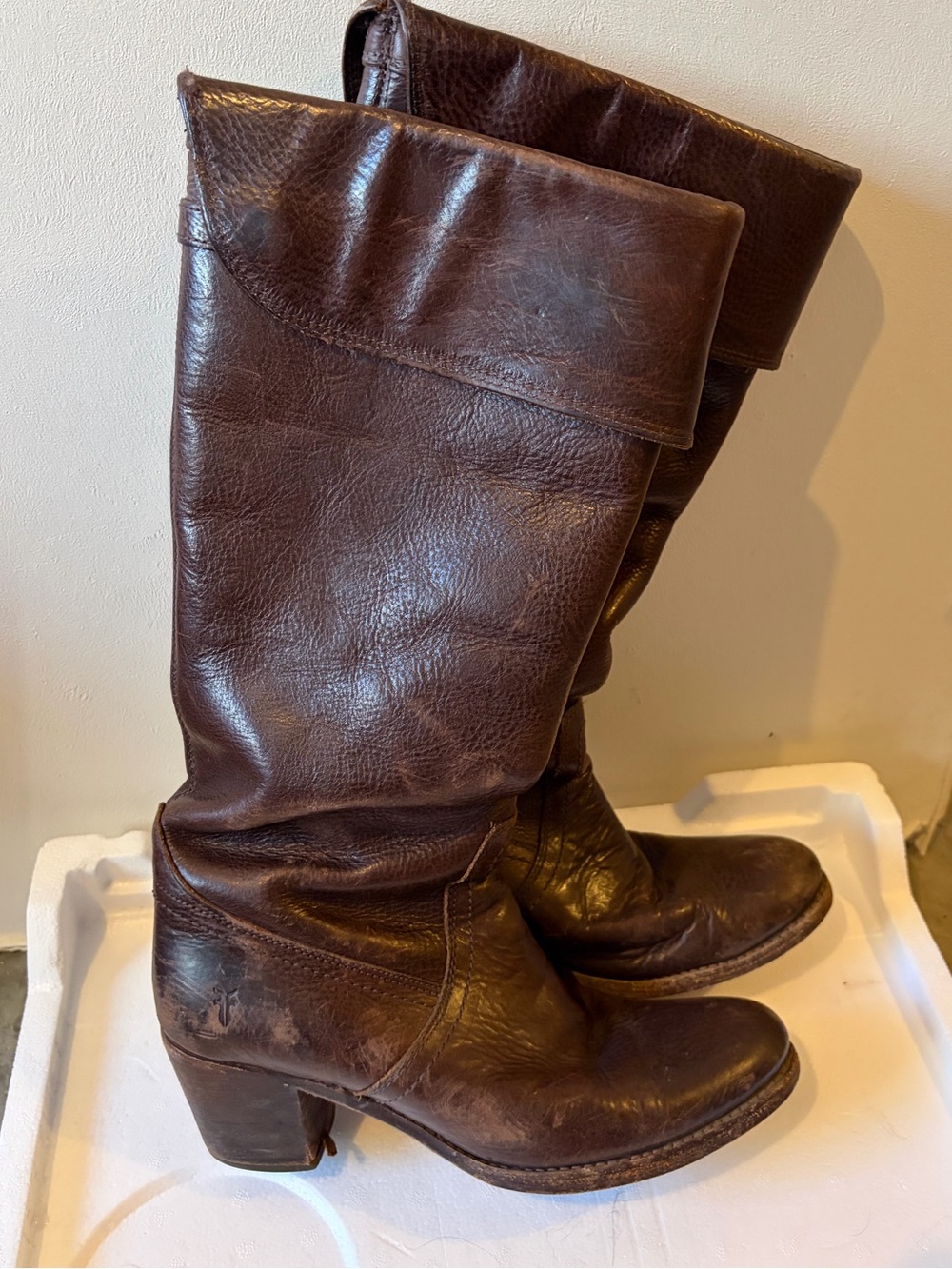 Frye Dark Brown Leather Jane Cuff Mid-Calf Heeled Boots